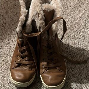 Ugg leather boots Women's Brown Fur-Lined High-Top Sneakers